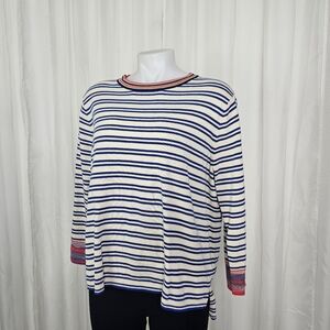 Cabi Cadet Striped Long Sleeve Sweater Blue White With Colorful Trim Small